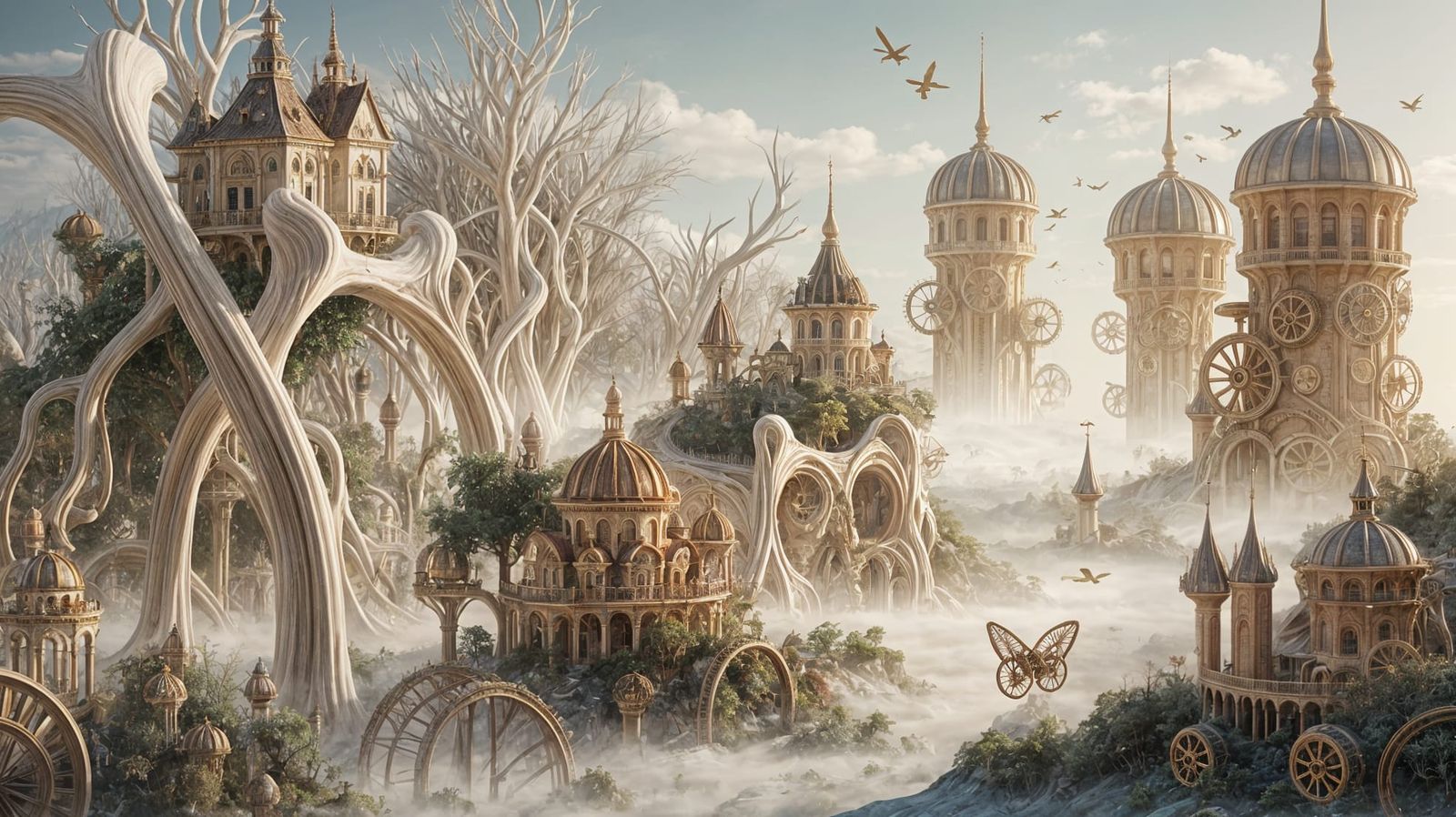 Biomorphic Steampunk Landscape in Early Morning Light