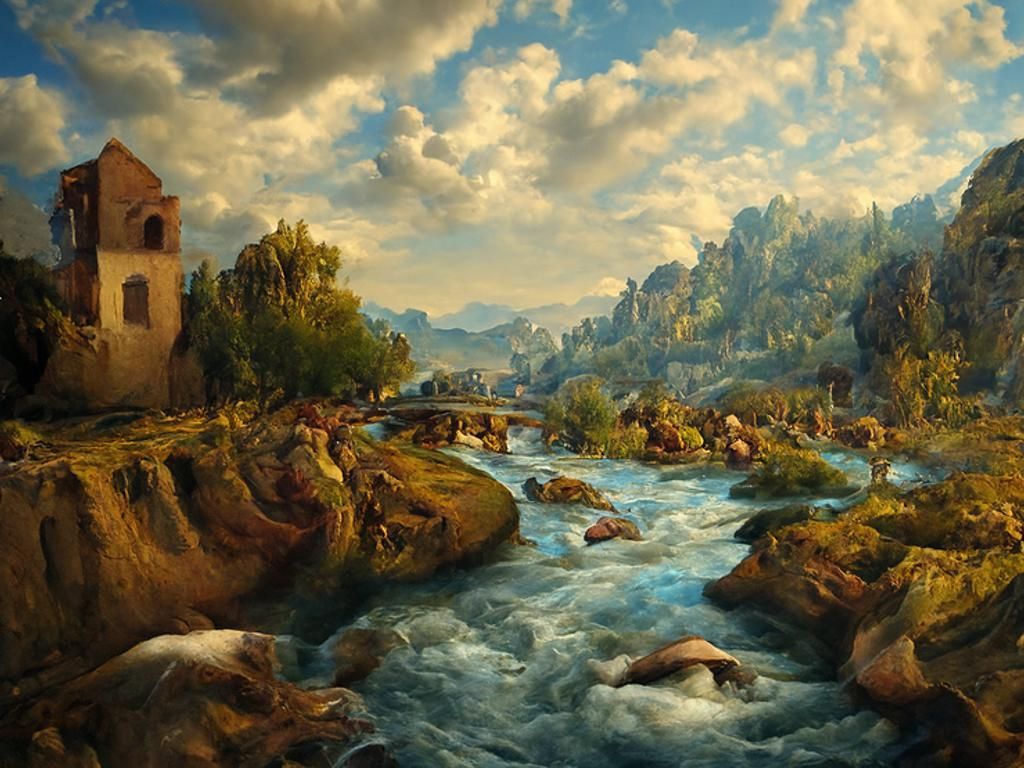 Immersive Oil Painting Landscape with Hyper-Detailed River S...