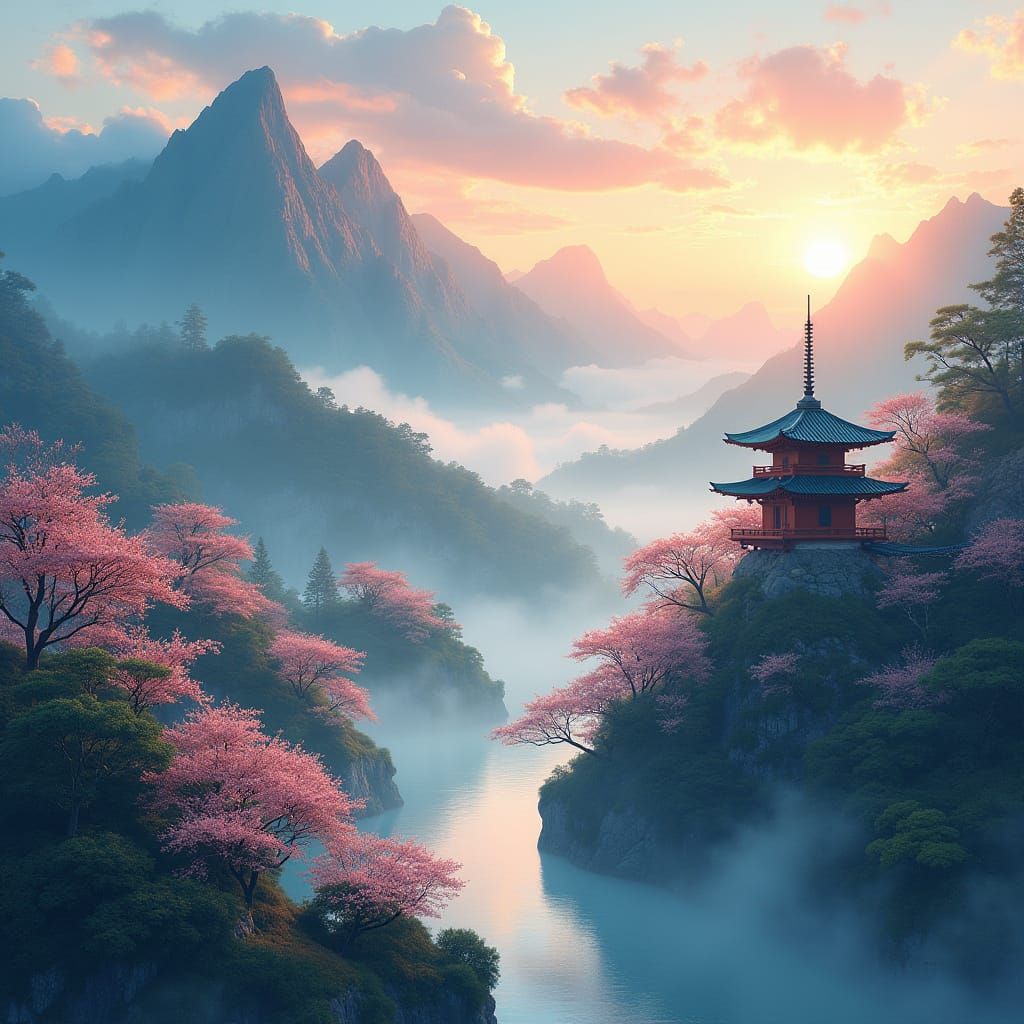 Ethereal Japanese Spring Sunrise Landscape with Sakura