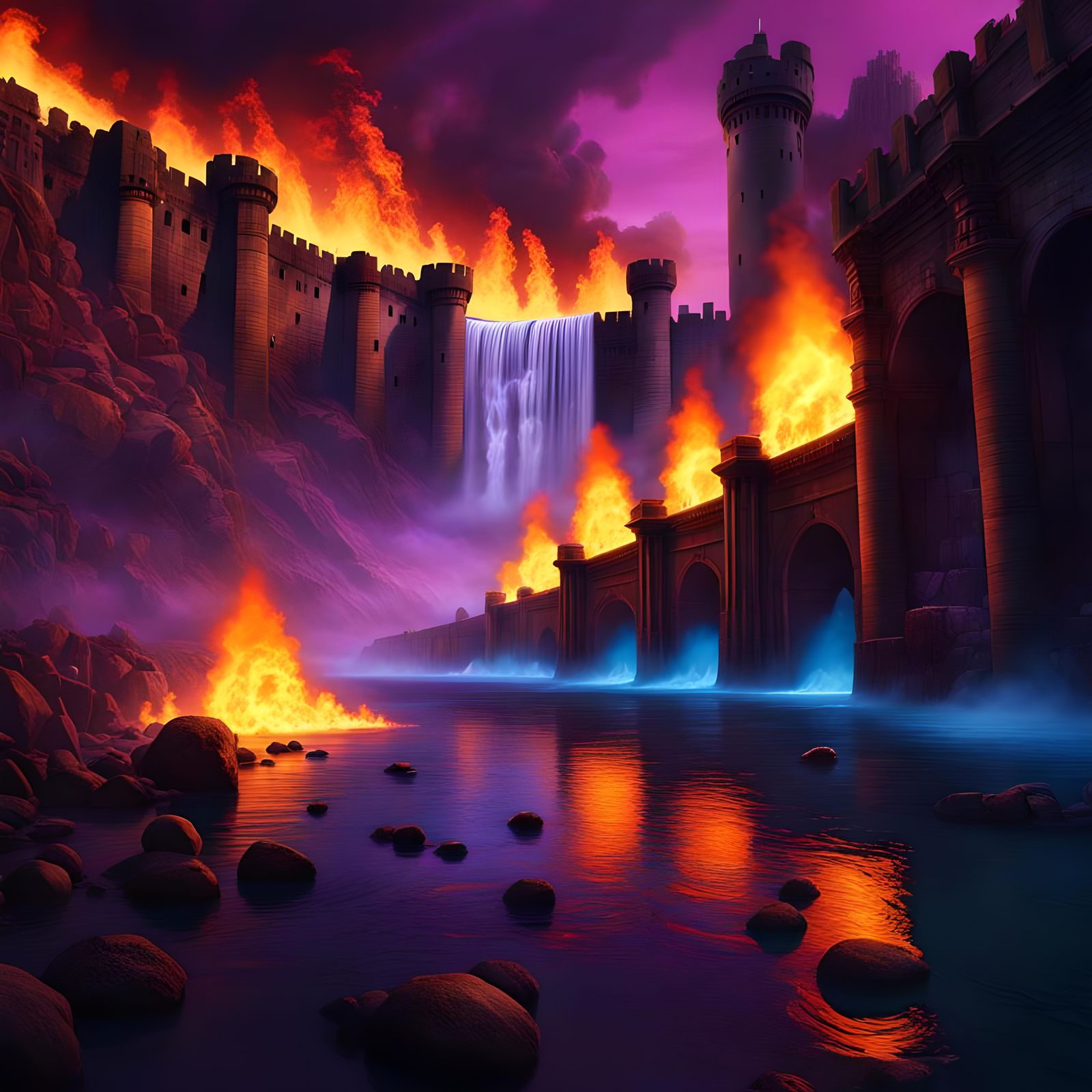 Fantastical Castle Ruins in a Roaring Inferno