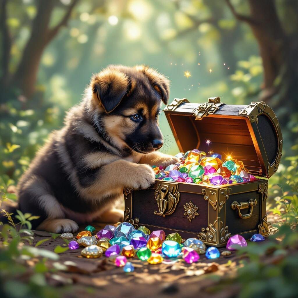 A hyper-realistic depiction of a German Shepherd puppy playf...