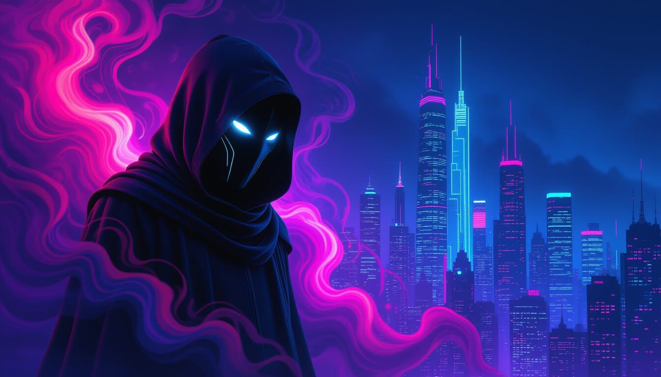 Mysterious Hooded Figure Over Neon Cityscape in Concept Art ...