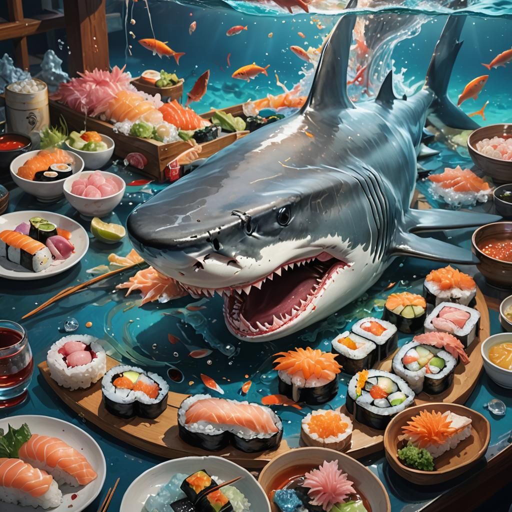 Shark Enjoying Hyperrealistic Sushi in Underwater Restaurant...