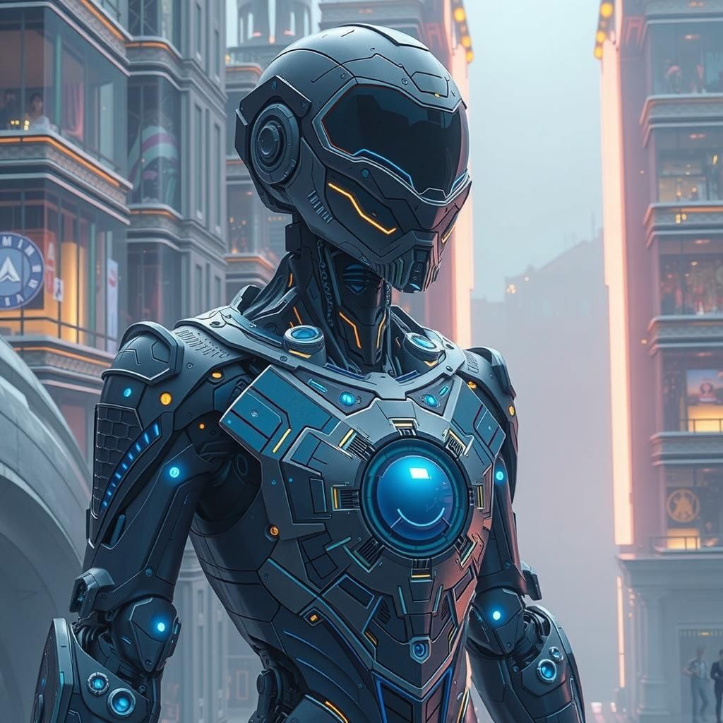a futuristic robot clad in metallic armor and glowing blue c...