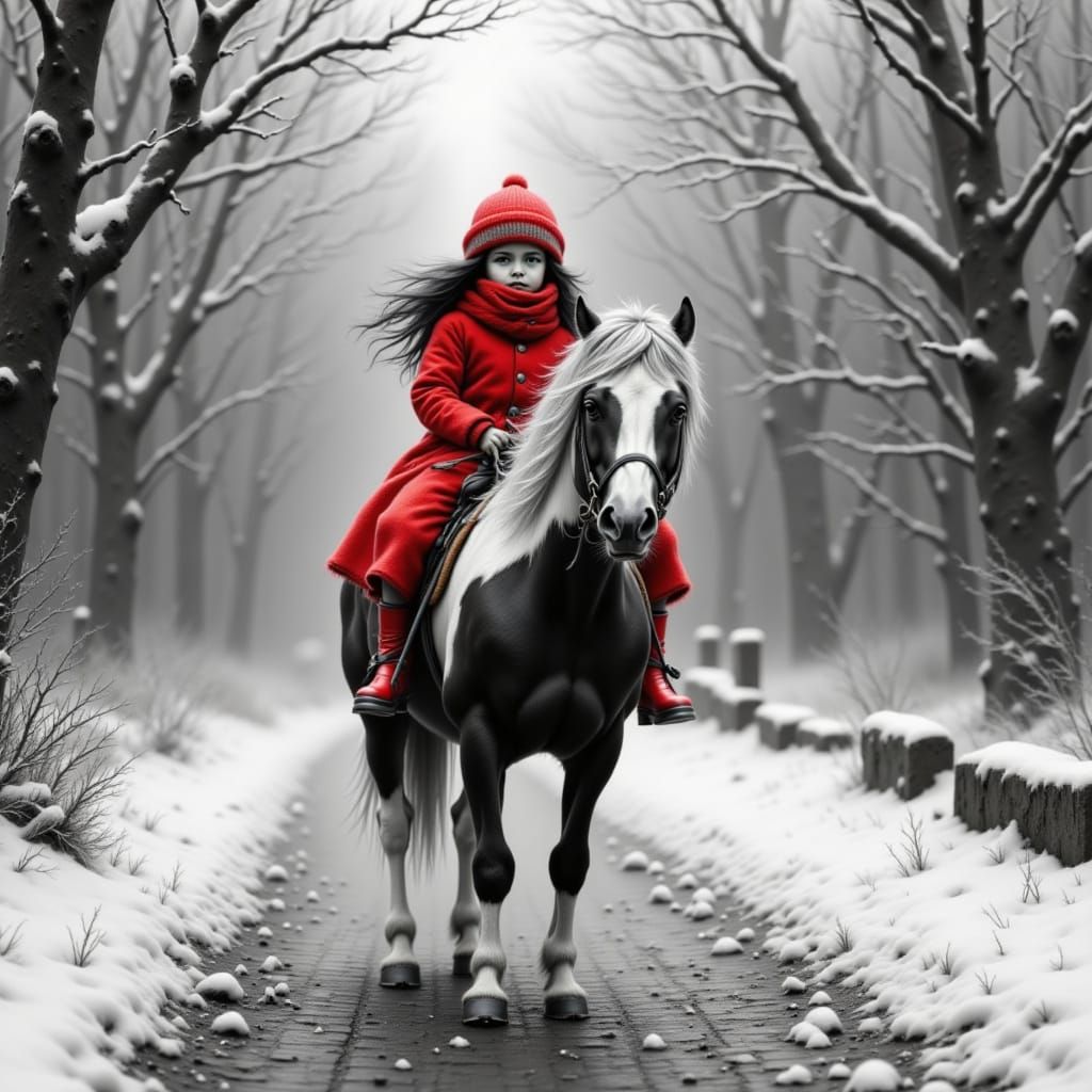 Girl in Red Rides Snowy Path on Tinker Horse