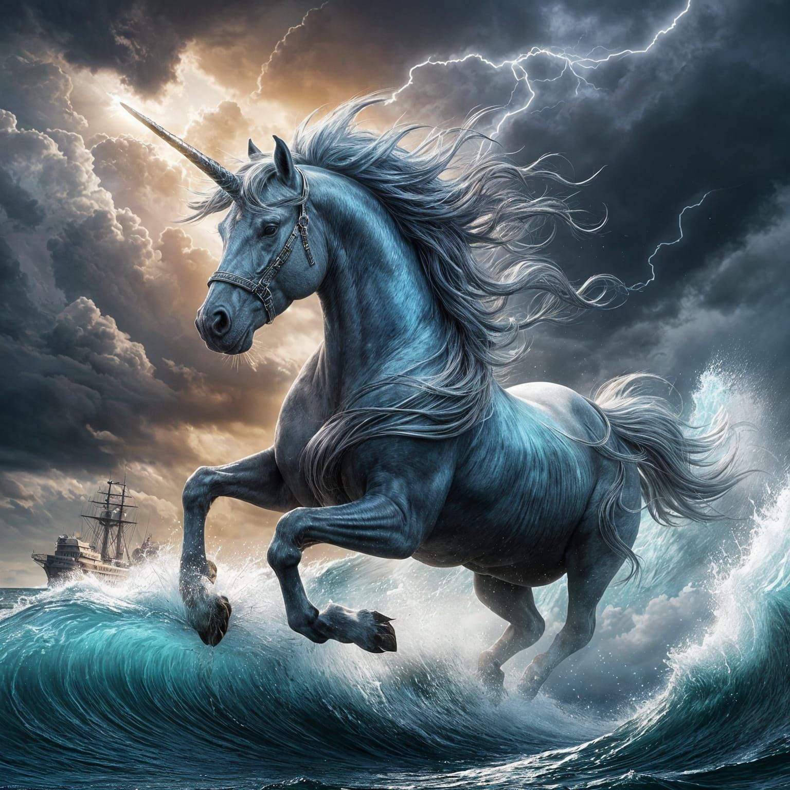 Epic Unicorn Galloping Across Stormy Ocean