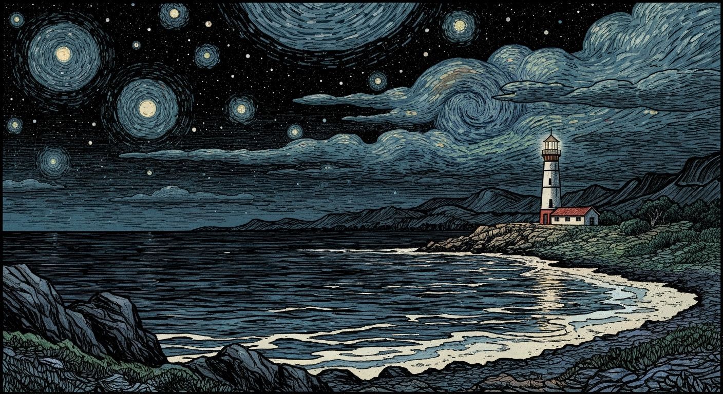 Night Seascape: Graphic Novel Illustration with Lighthouse