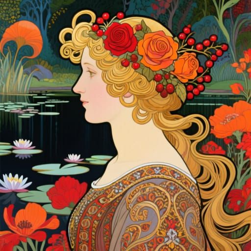 Art Nouveau Woman with Golden Hair and Rose Headpiece