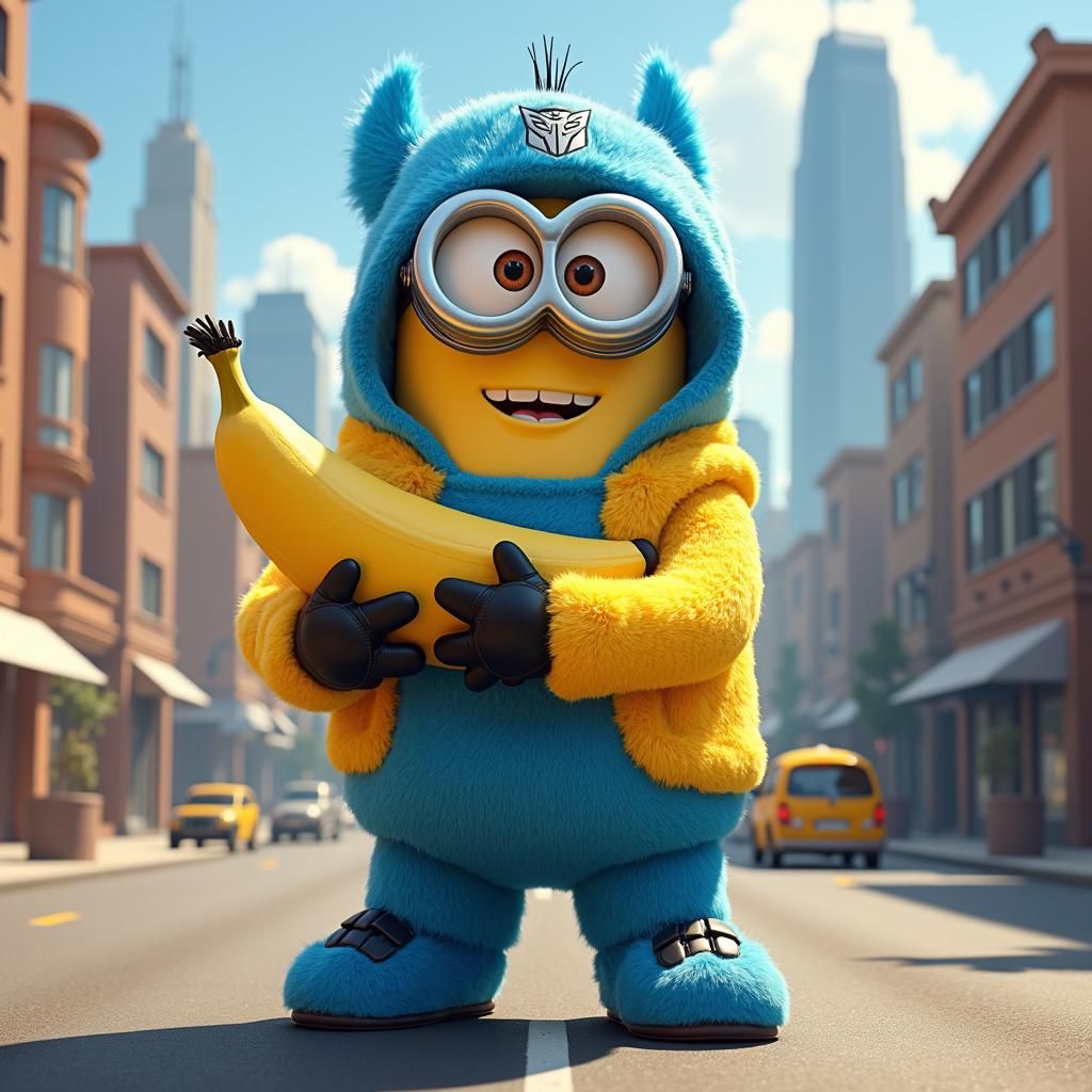 Optimus Prime as a Minion in Cartoon Cityscape