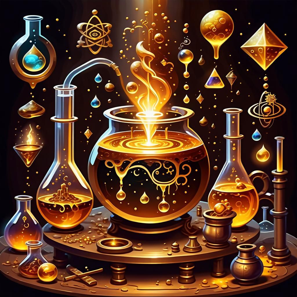 A bubbling crucible from which flowing liquids and glowing elements pour out #2