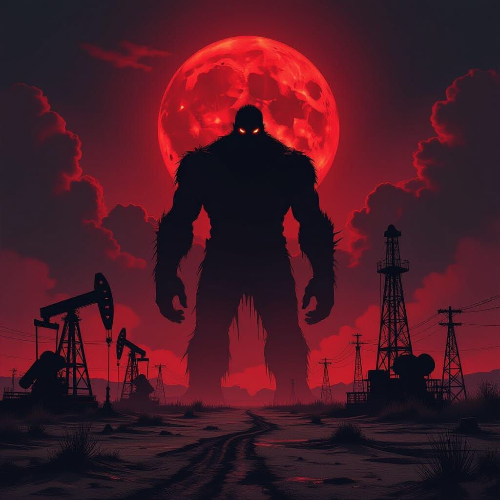 Ominous Figure in Texas Oil Field Under Blood Moon