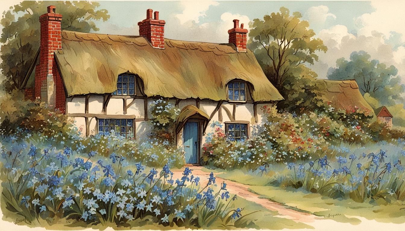 Whimsical English Cottage Scene in Vintage Style