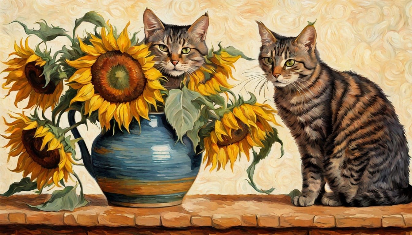 Whiskered Thief Overturns Sunflowers in Van Gogh's Brushstro...