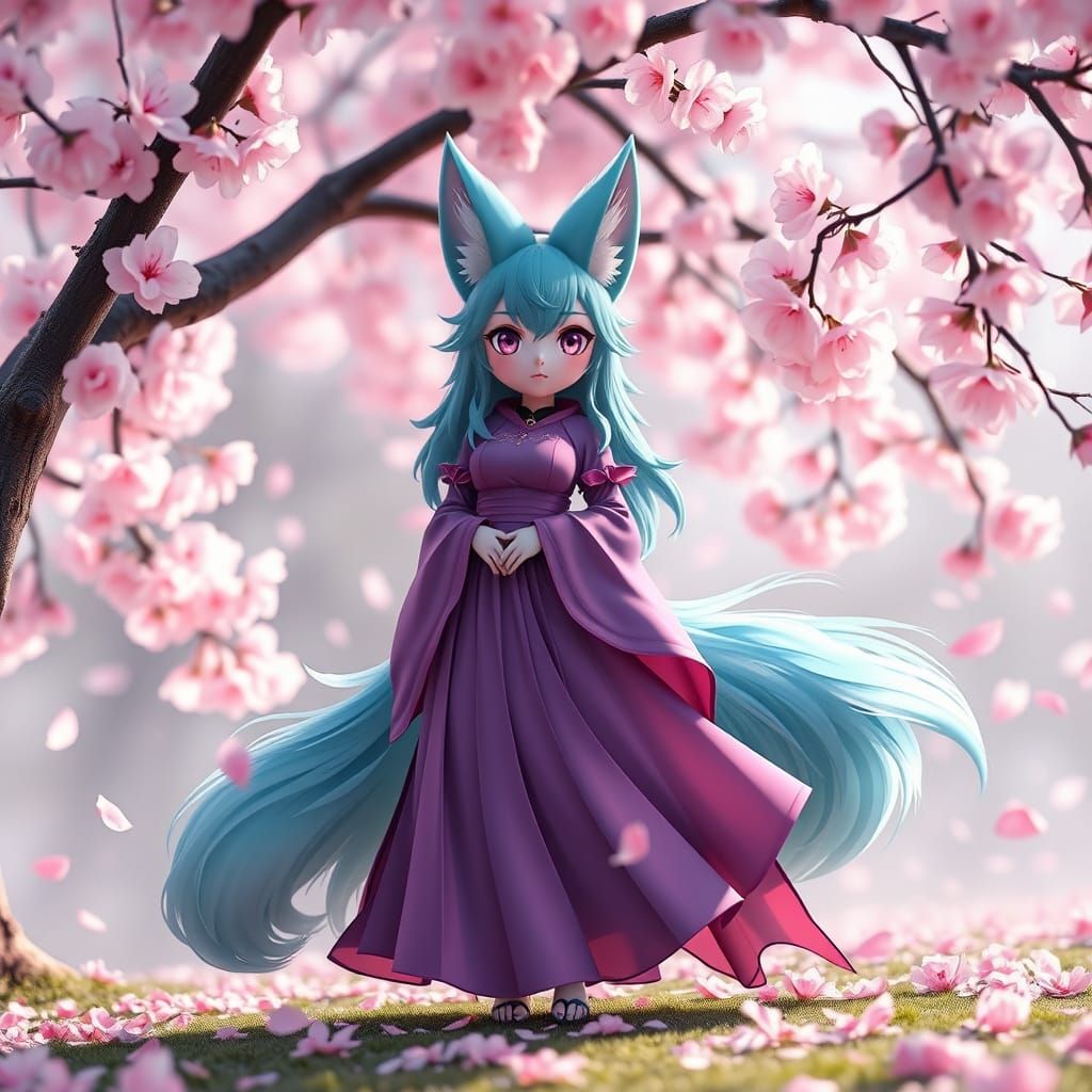 Kitsune in Purple Dress under Cherry Blossoms