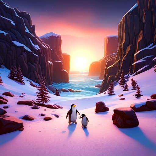 Fantastical Penguins in Vibrant Sunset Landscape