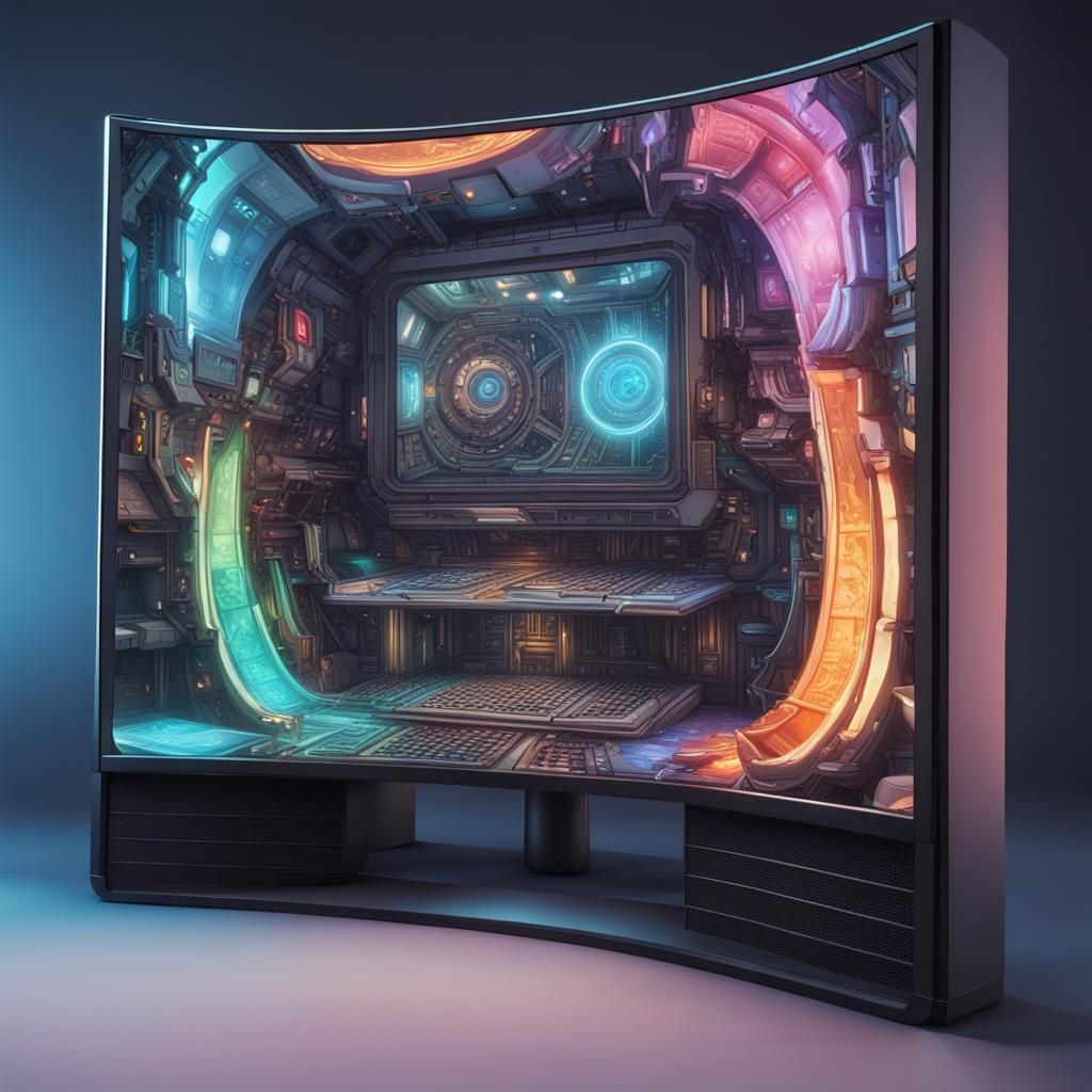 Curved Gamer Screen in Hyperrealistic Fantasy Style