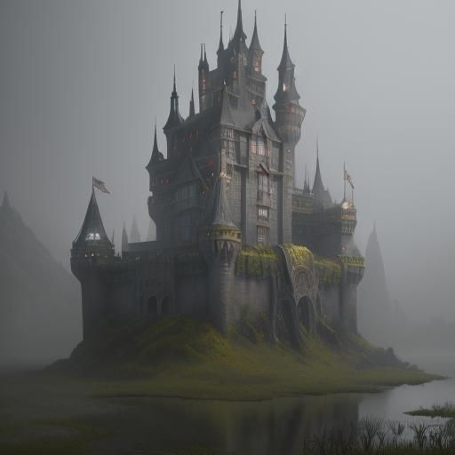 A castle situated in a foggy swamp.