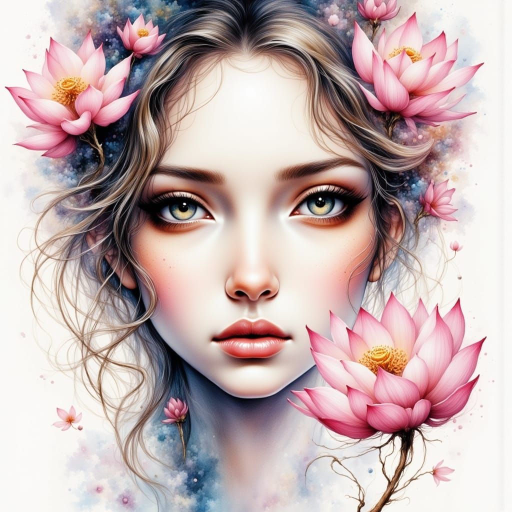 Goddess of Compassion with Lotus Flowers in Watercolor Style