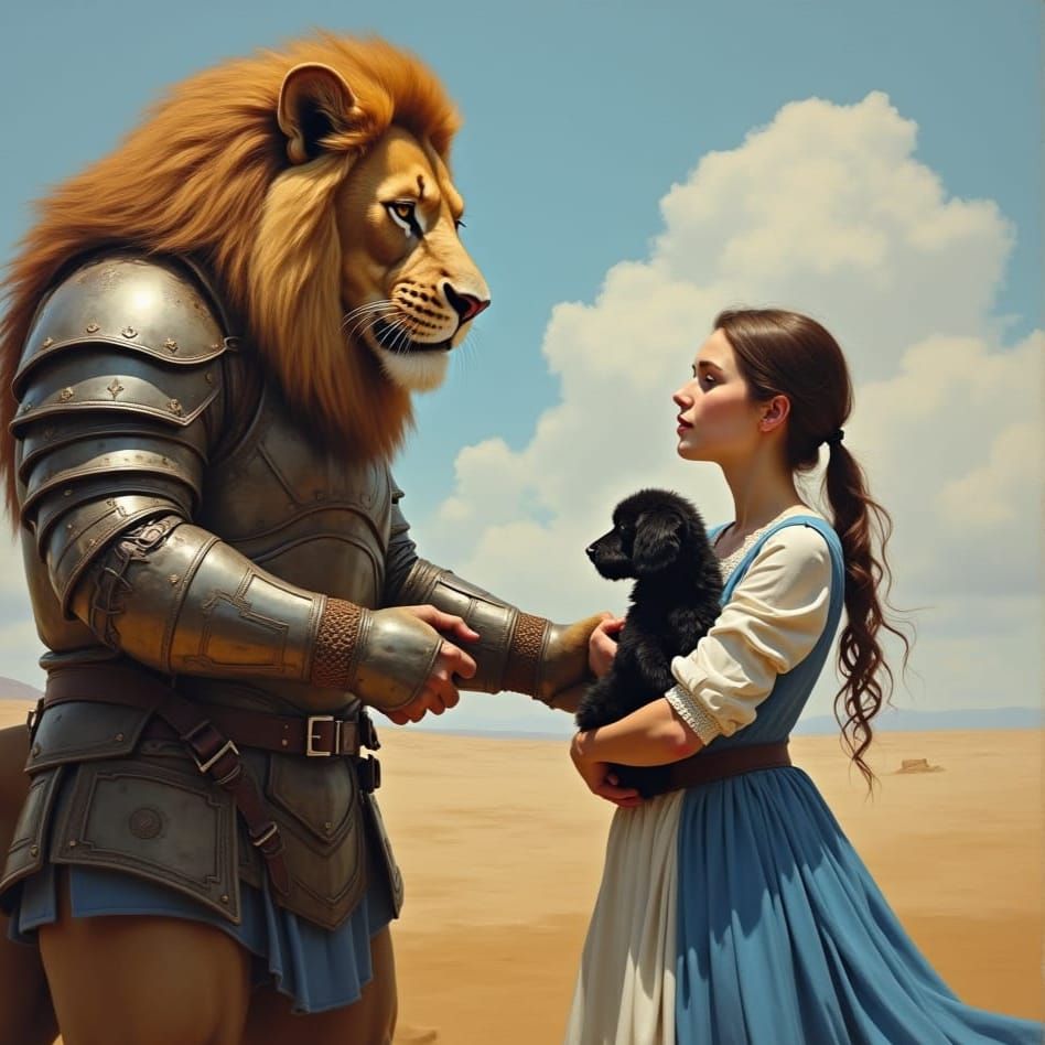 Majestic Lioness Meets Pretty Girl in Fantastical Oil Painti...