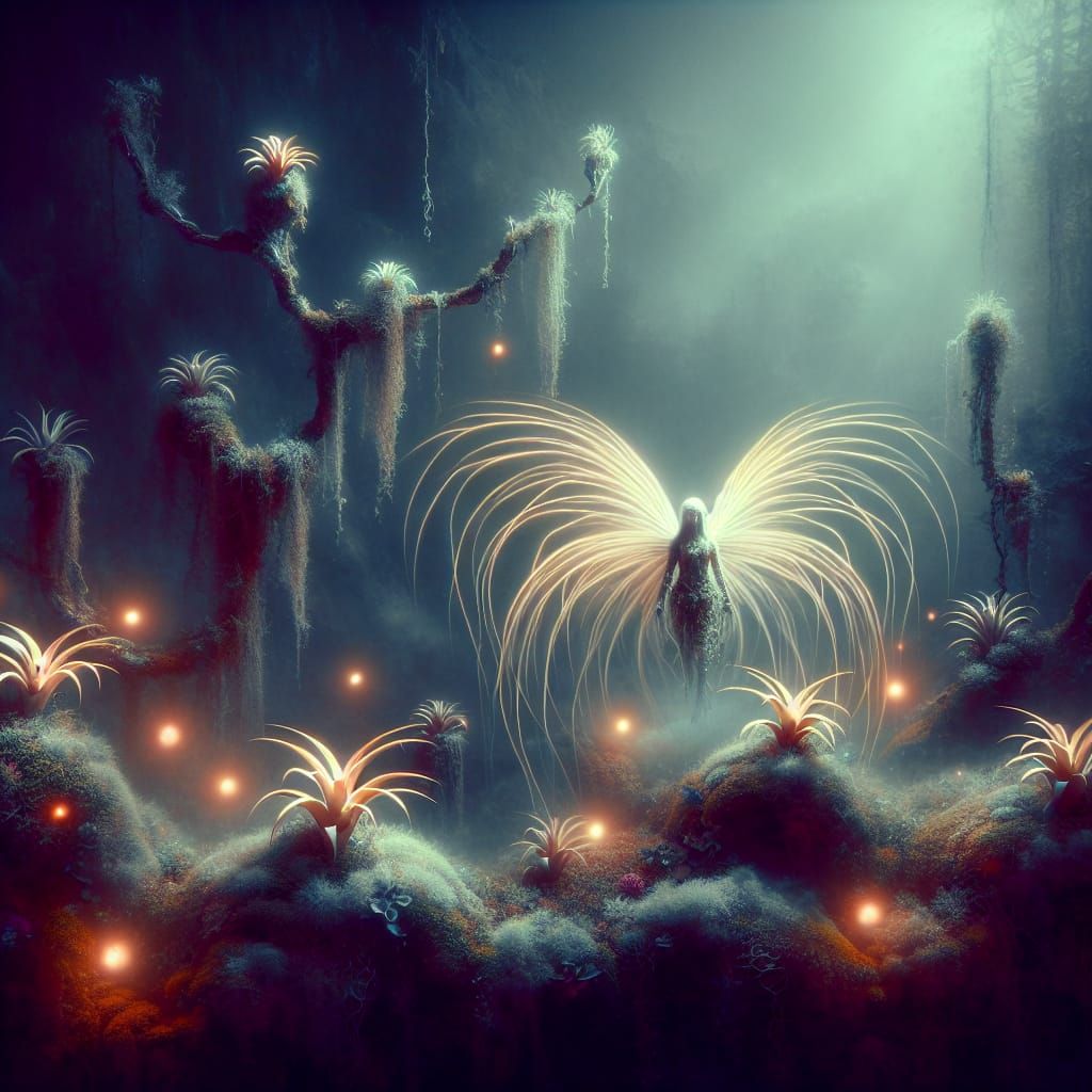 Eldritch Tillandsia Scene with Glowing Wings and Forbidden M...