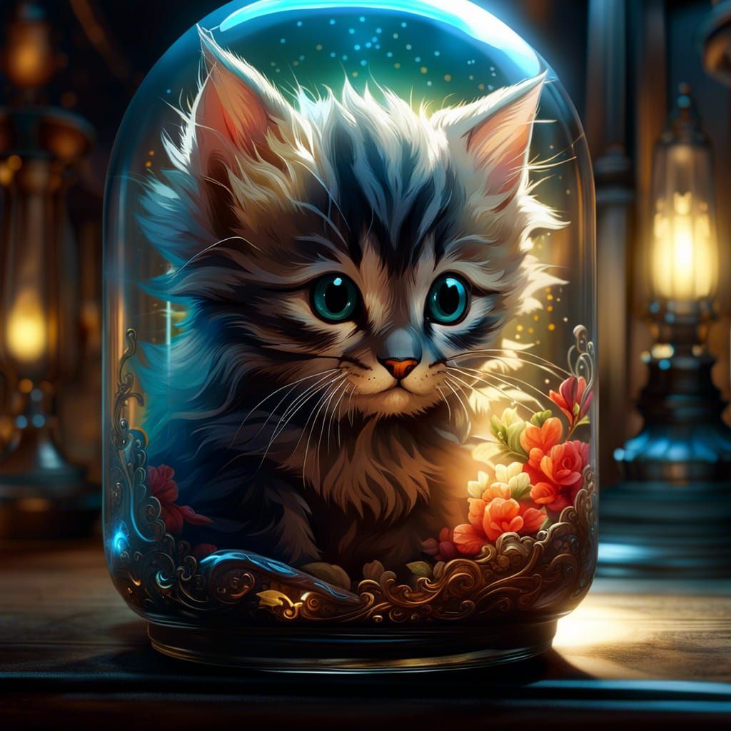 Surreal Chibi Kitten Captured in Glass