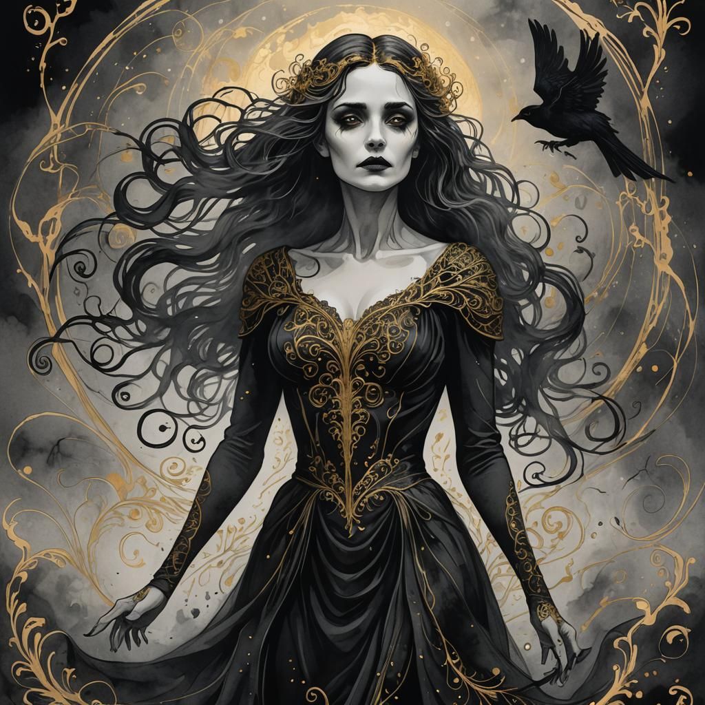 Mysterious Siren in Gothic Line Art with Golden Accents