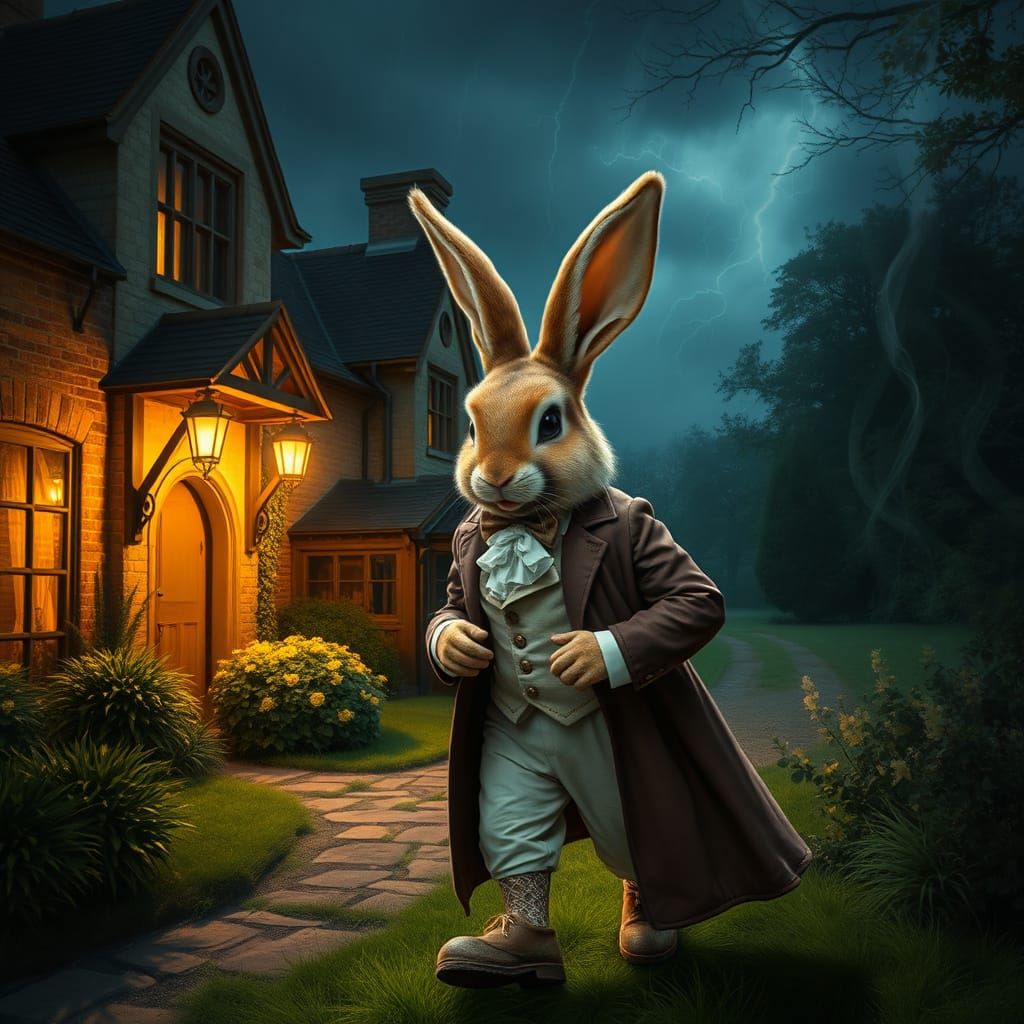 Elegant Regency Bunny Emerges from Manor into Stormy Night