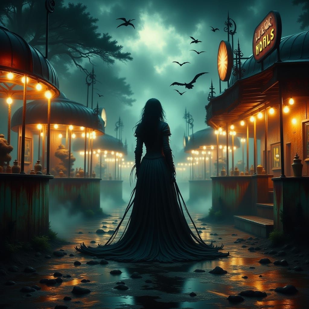 Eerie Carnival Scene with Mystical Woman as Digital Art