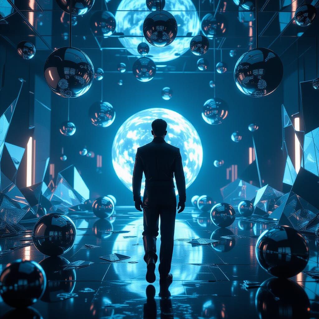 Man Explores Surreal Glowing Room in Photorealistic Style