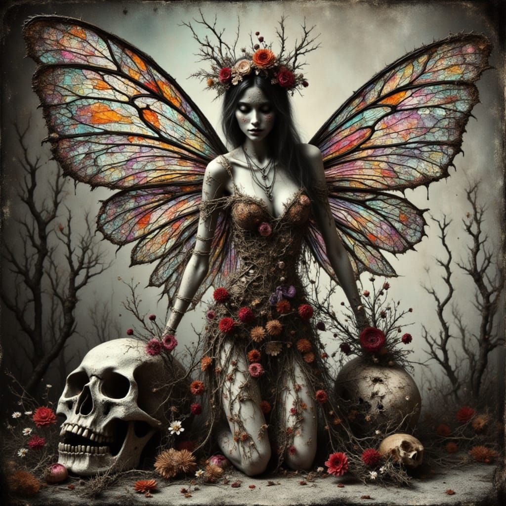 Gothic Fairy with Art Nouveau Wings and Floral Dress