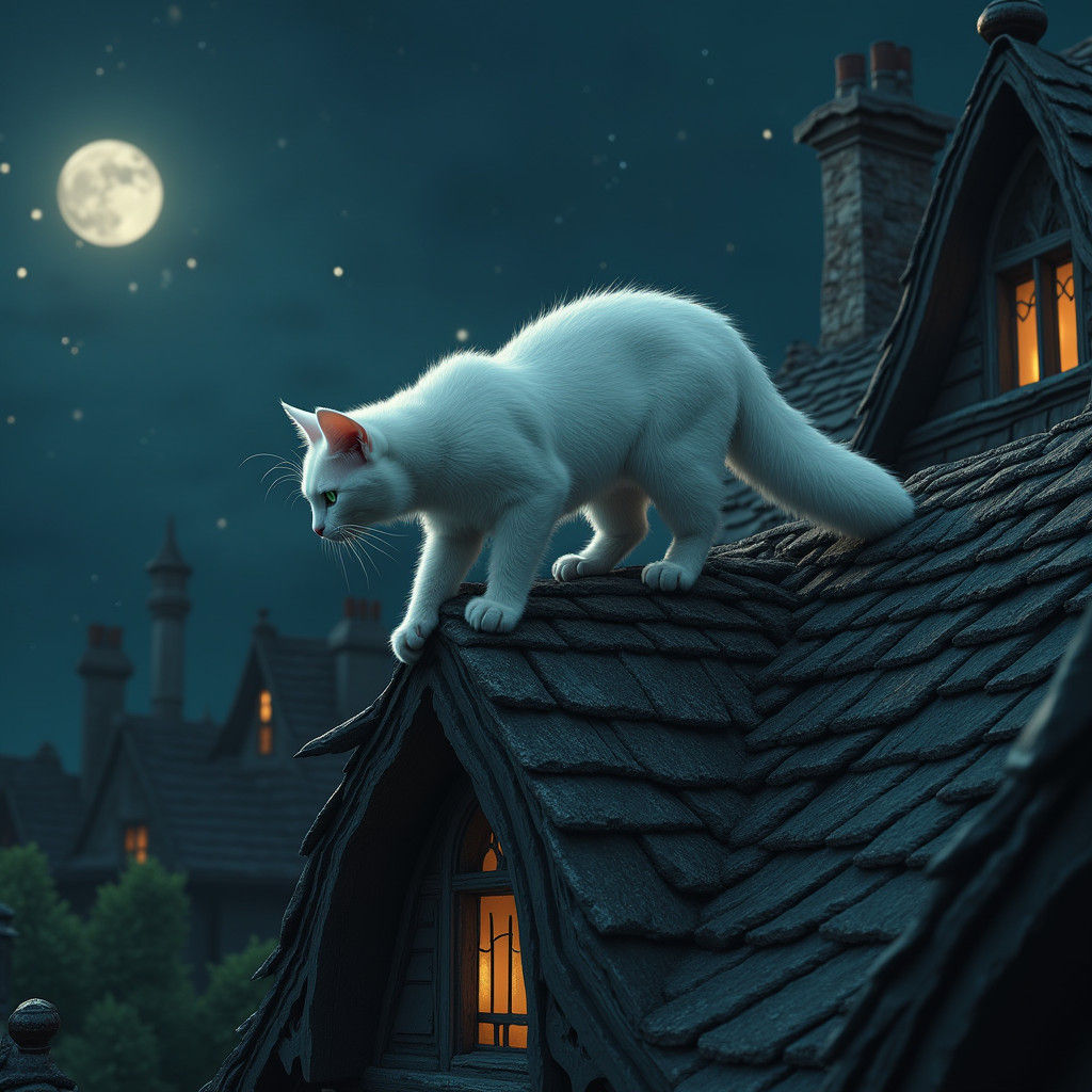 White Cat Roams Ancient, Mystical House at Night