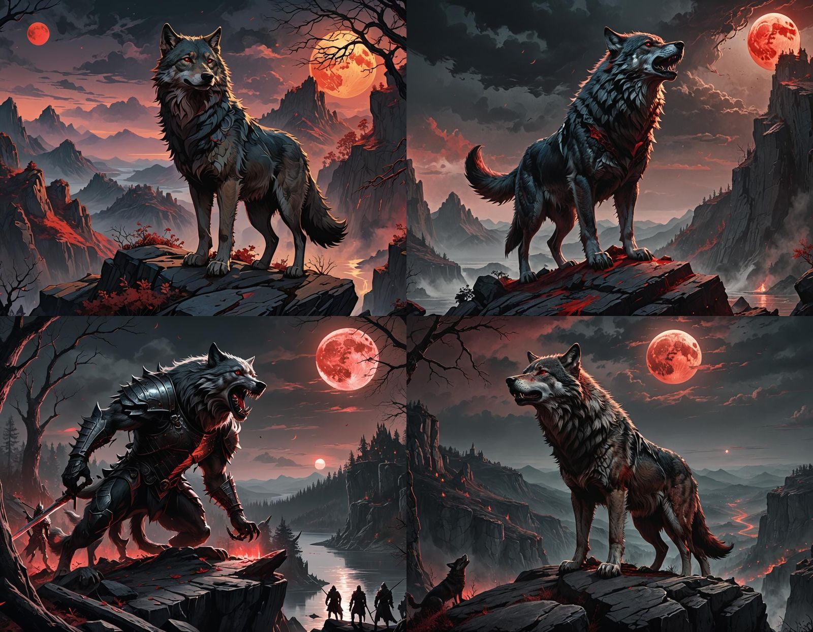 Dark Fantasy Cliff Scene under a Blood-Red Moon