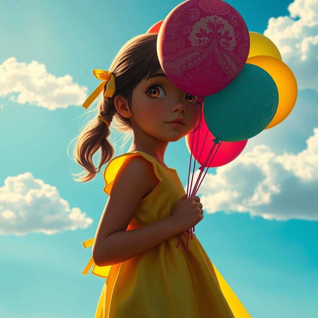 Girl Holding Vibrant Balloons in Wistful Silhouette