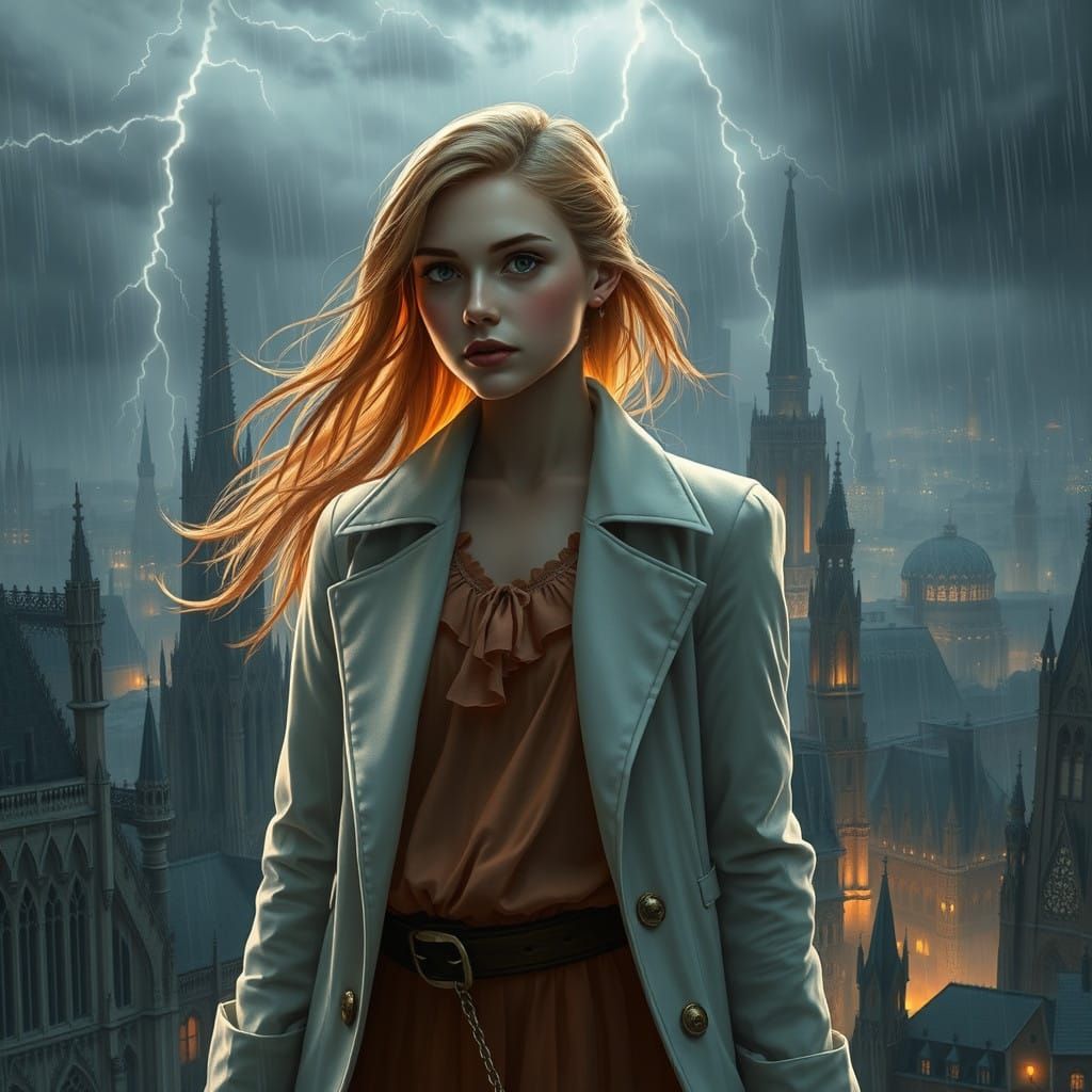Gothic Woman Stands Amidst Vigorous Thunderstorm in Urban Dr...