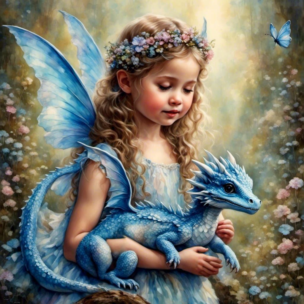 Whimsical Fairy Feeds Majestic Blue Dragon in Enchanted Fore...