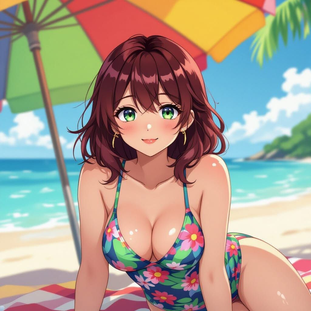 Anime Woman Sunbathing on Tropical Beach in Studio Trigger S...