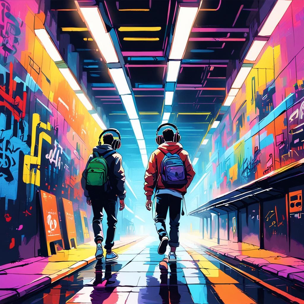 Vibrant Subway Scene in Bold Oil Painting Style