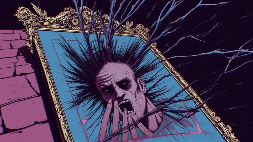 Screaming Figure Trapped in Shattered Mirror