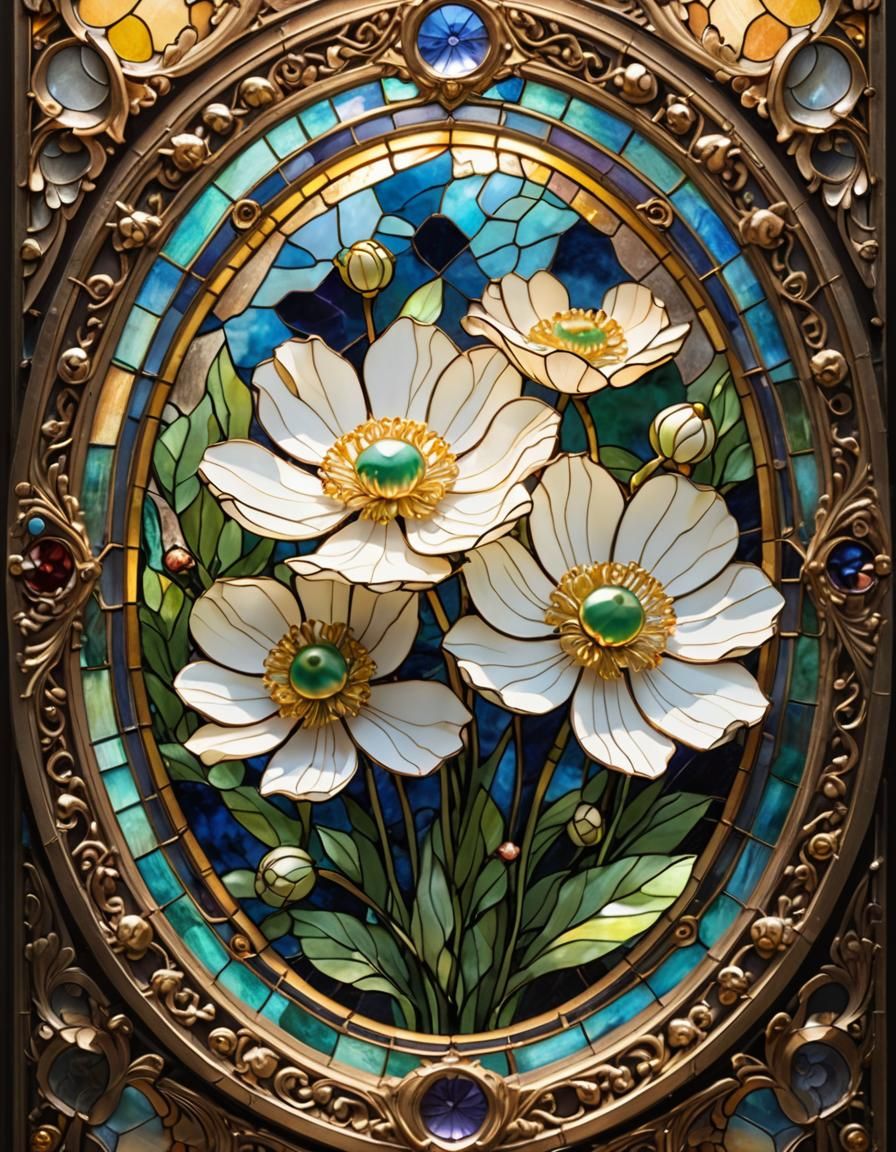 Ethereal Stained Glass Masterpiece with Delicate Anime-Style...
