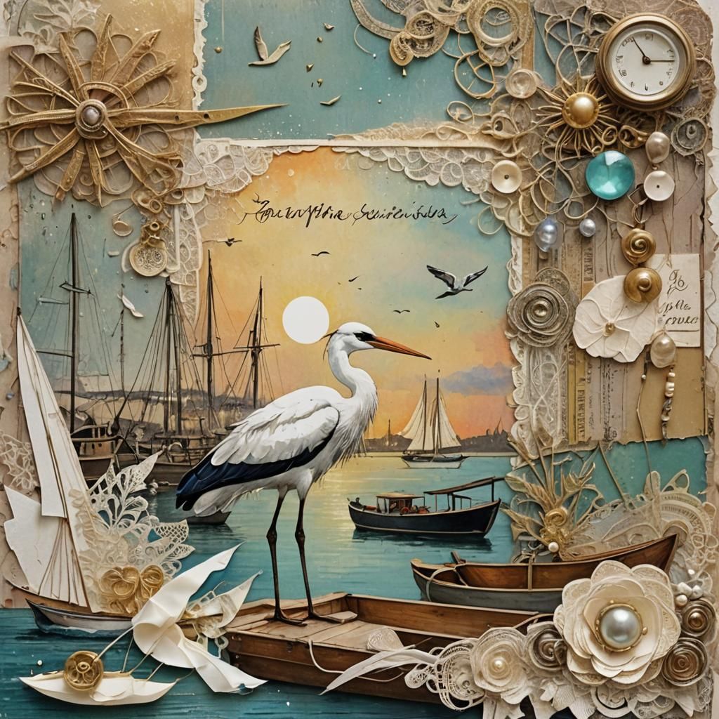 Whimsical Sunrise Stork on the Dock