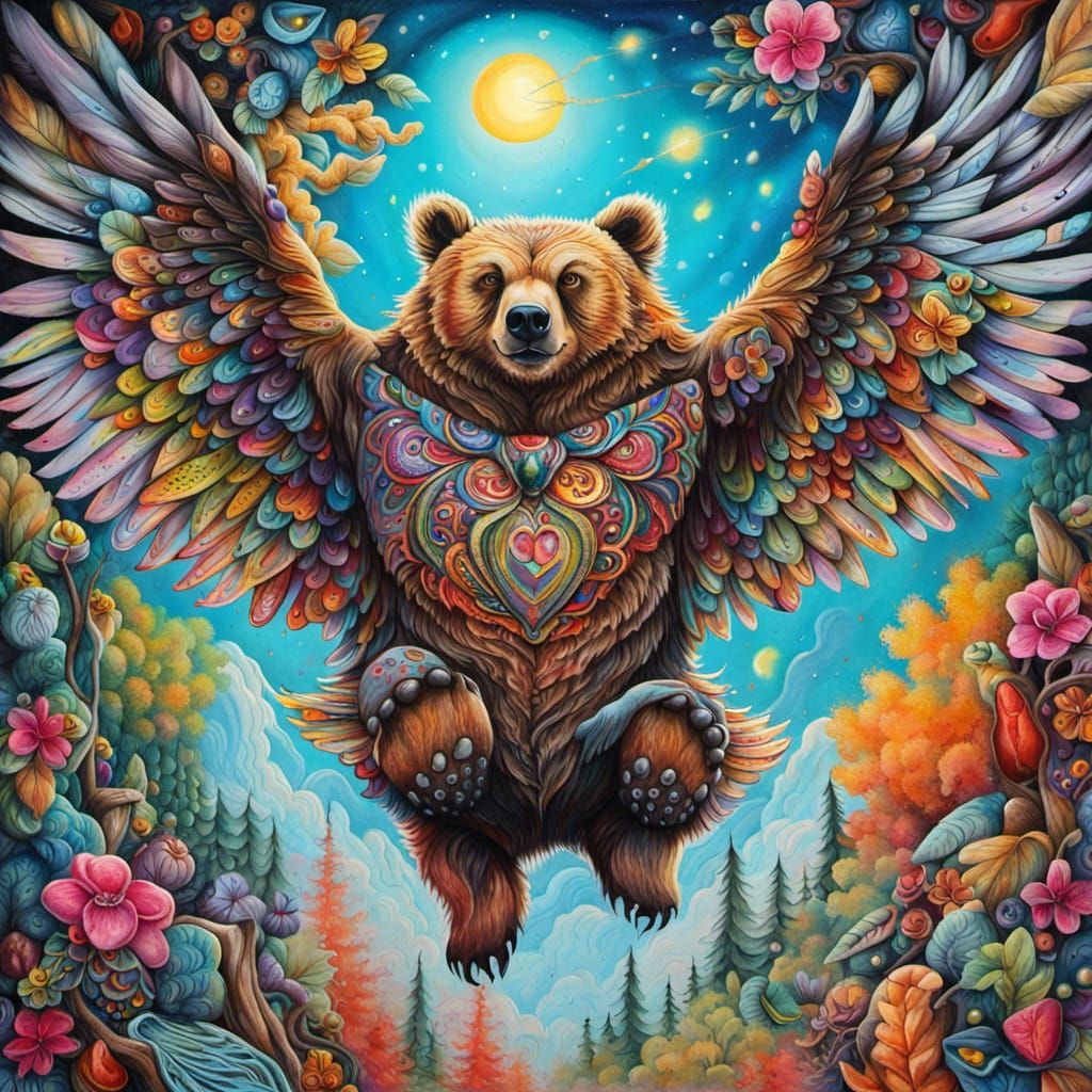 Whimsical Bear with Owl in Vibrant Street Art
