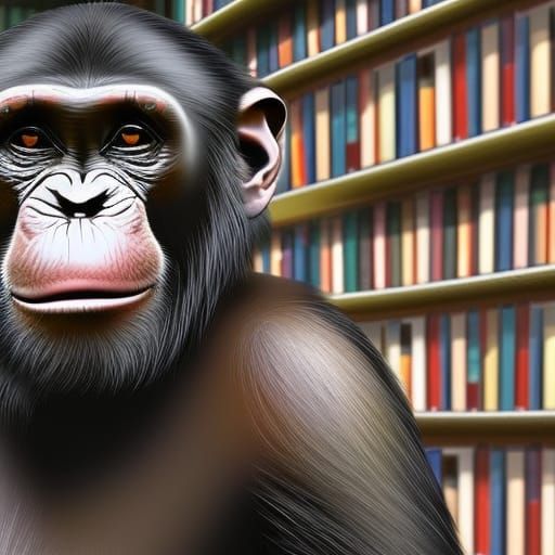 A Human-Like Chimpanzee Surrounded by a Vibrant Library