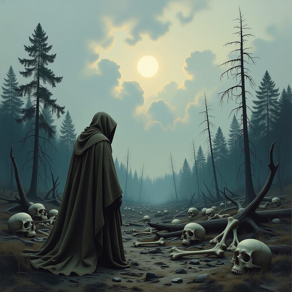 Post-Apocalyptic Cloaked Figure in Surreal Landscape