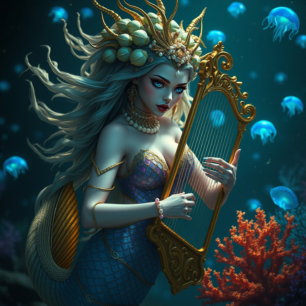 Ethereal Siren with Mystical Harp, Captured in Cinematic Fil...