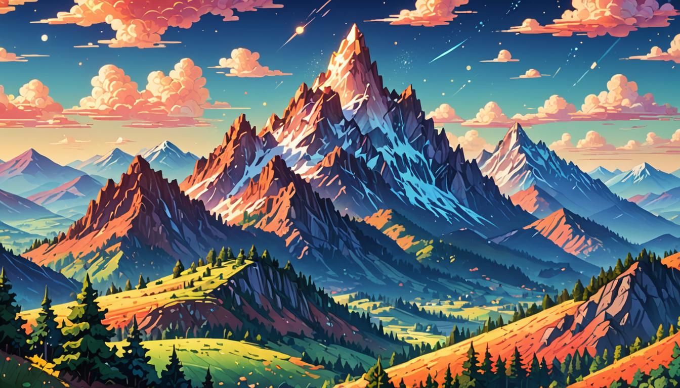 Pixelated Paradise with Towering Peaks and Whimsical Details