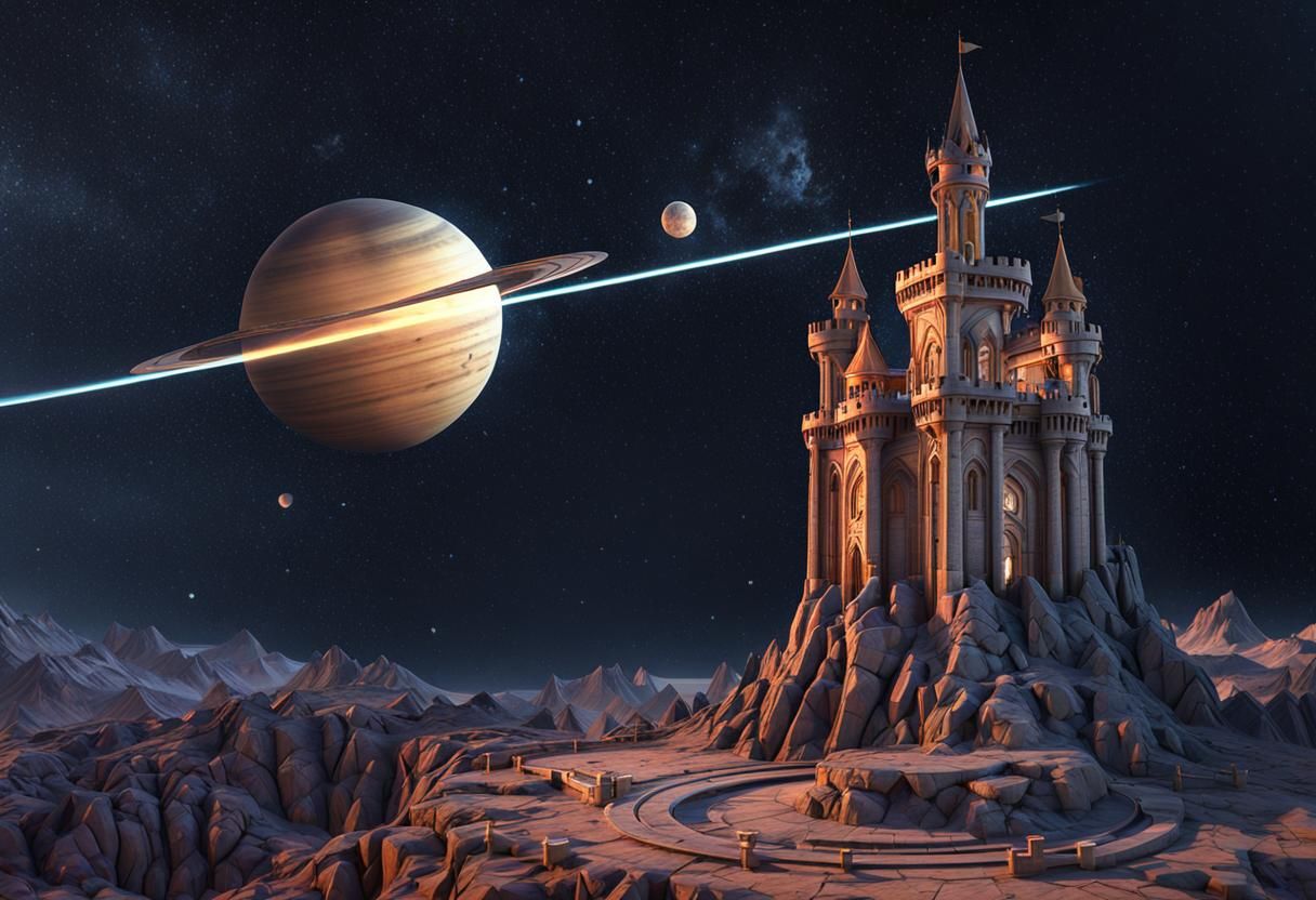 Epic Castle Saturn Landscape in a Kinetic Pointillism Style