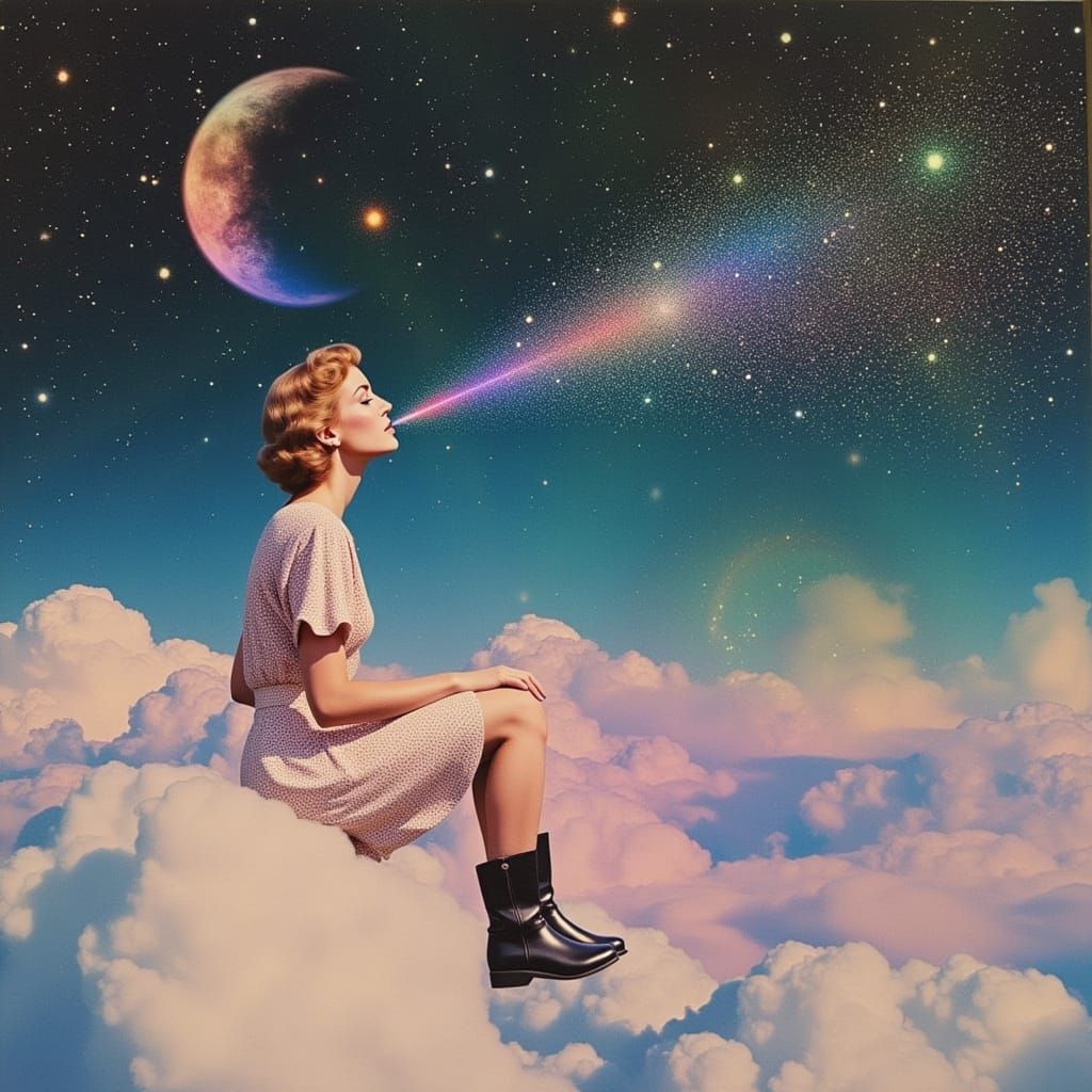 1960s A woman sits casually on a cloud in a cosmic  sky with...