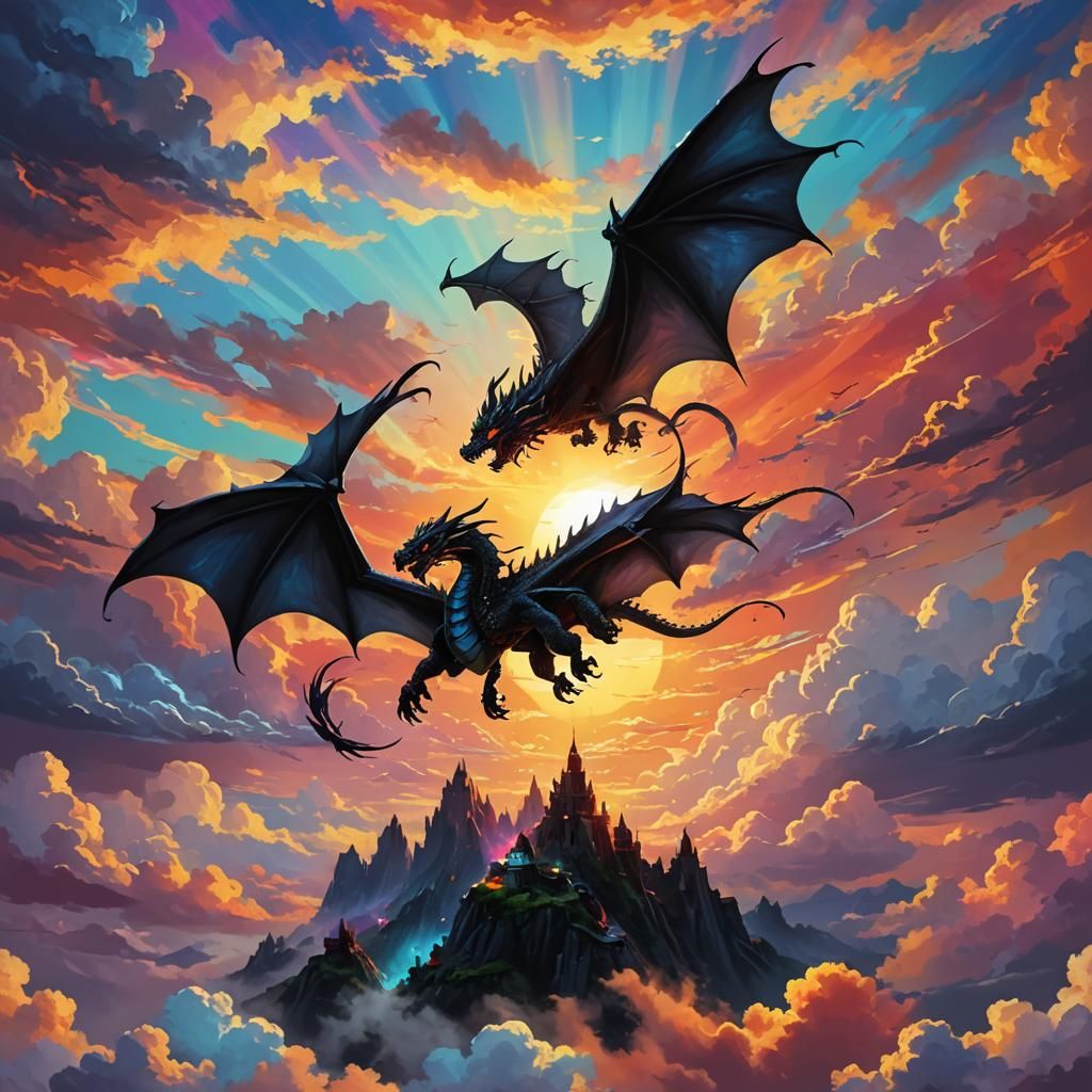 Black Dragon Flight in Colorful Skies