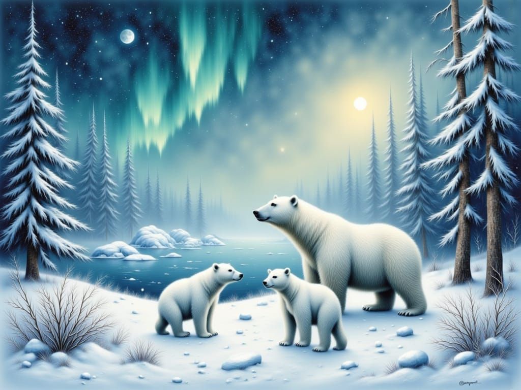 Polar Bears in Ethereal Winter Wonderland Forest