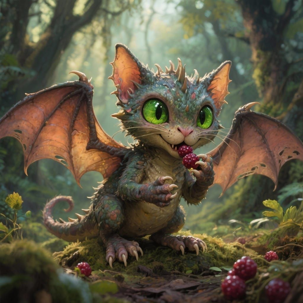Whimsical Dragon-Cat-Bat Creature in New Zealand Forest